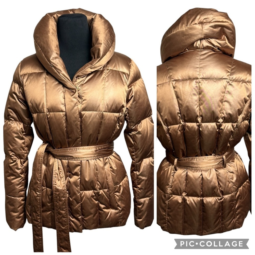 Lands’ End Women’s SZ M Gold Metallic Down Puffer Coat W/ Belt Preppy Office EUC